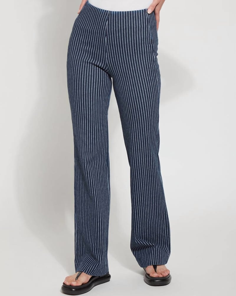 Front of a model wearing a size X-LARGE Patterned Denim Trouser in Indigo Pinstripe in Indigo Pinstripe by Lysse. | dia_product_style_image_id:325994